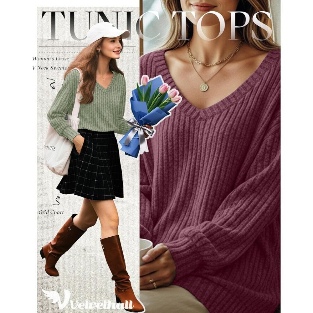 Women's Long Sleeve Lightweight Sweaters 3 Pack V Neck Side Split Fall Basic - Picture 2 of 5
